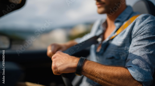 A hand fastening a safety belt while riding in a convertible car, showcasing the thrilling combination of style and safety in modern vehicles, emphasizing the importance of securing oneself for an