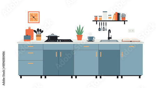 Modern kitchen interior with blue cabinets, a countertop with a sink and stove, and various utensils and plants, a flat vector illustration.
