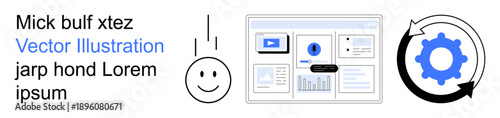 Workflow automation, feedback analysis, process optimization, system settings, user-centered design, data visualization. Smiling face with a dashboard and gear illustration. Workflow automation