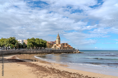 View of Gijon centre city with ancient Church, Asturias, Spain