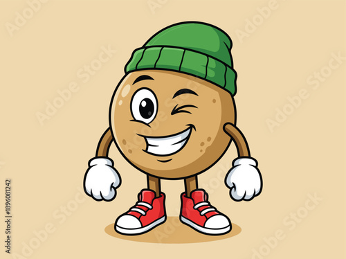 Cute Potato Character Wearing a Green Beanie and Red Sneakers.