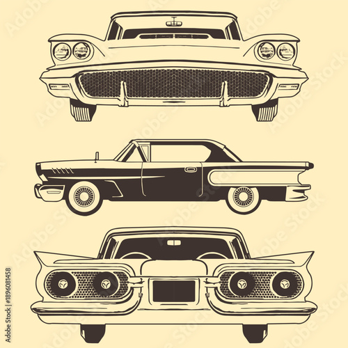 Vintage 1950s Classic Car Silhouette Vector Set, Retro American Automobiles Front and Side View