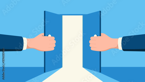 businessman hands opening double doors to a bright light, concept of new opportunity, future success, and finding a solution