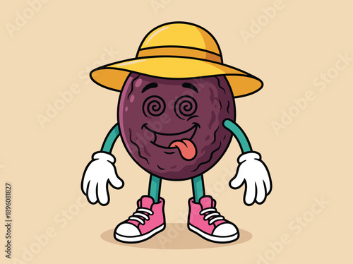 Dizzy Passion Fruit Character Wearing a Hat and Sneakers.