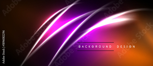 Abstract neon lines create vibrant gradient background. Dark space surrounds bright purple, orange glow. Modern design element.