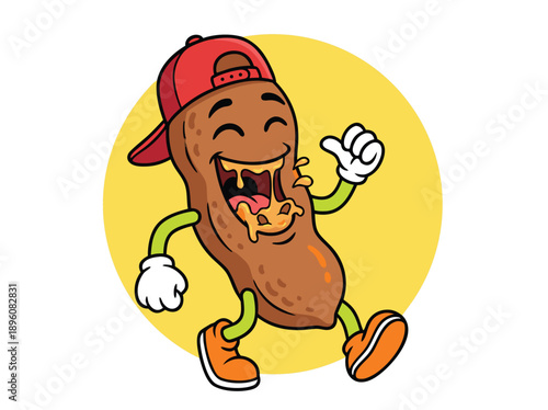 Funny cartoon peanut character wearing a red cap and sneakers, with a happy expression and dripping sauce.