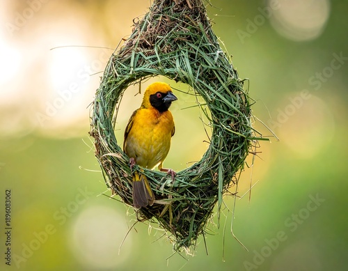A vibrant yellow weaver bird perched inside its meticulously woven hanging nest