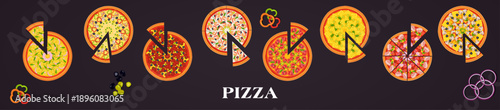 Horizontal banner of various pizza illustrations with slices; top view vector set of Italian food icons with assorted toppings on dark background.