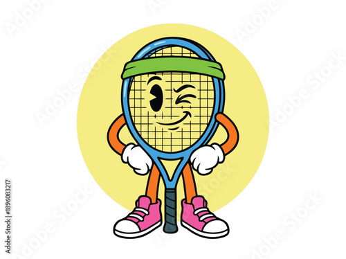 Funny cartoon tennis racket character winking.