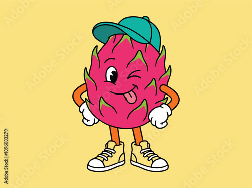 Funny Dragon Fruit Character Wearing a Cap and Sneakers.