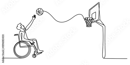 Continuous line drawing of a person in a wheelchair playing basketball, reaching for a hoop. Vector, illustration