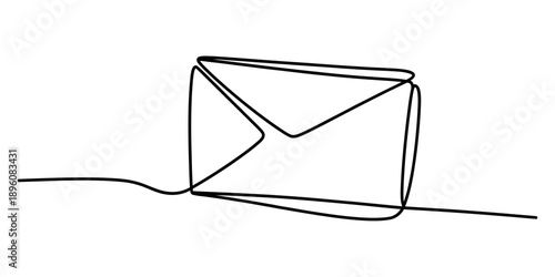 A continuous line drawing of a simple mail envelope on a white background Vector, illustration