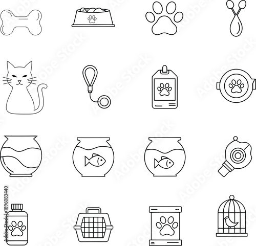 A comprehensive collection of black and white line icons for various pet care supplies and accessories
