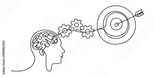 Continuous line art of a brain's thought process leading through gears to hit a bullseye target. Vector, illustration