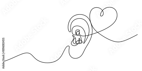 Continuous line drawing of an ear and a heart, symbolizing listening with empathy and love Vector, illustration
