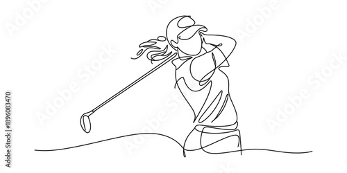 Minimalist continuous line drawing of a female golfer executing a powerful swing Vector, illustration