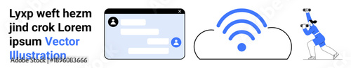 Digital communication, cloud connectivity, online collaboration, data sharing, modern technology, teamwork. Cloud with wireless icon, chat interface person with binoculars. Digital communication
