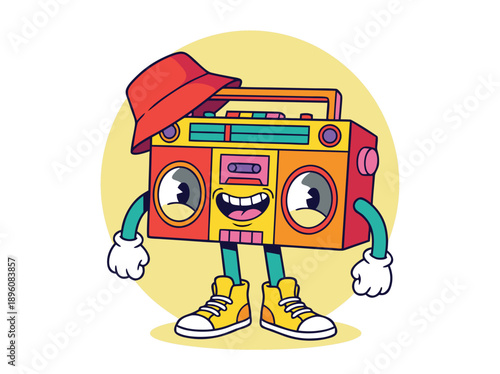 Retro Boombox Character with Bucket Hat.