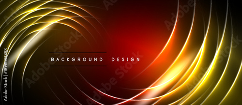 Abstract design features swirling golden lines over dark red, black background. Text reads background design centered below curves.
