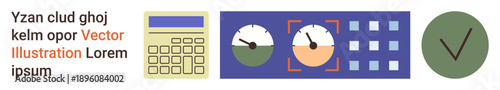 Data analytics, digital processing, interface design, business tools, calculating systems, and performance tracking. Features calculator, dashboard dials and a checkmark. Data analytics and business