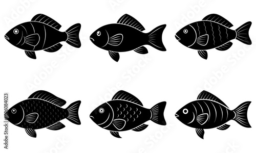 Six detailed fish illustrations with unique patterns are shown swimming