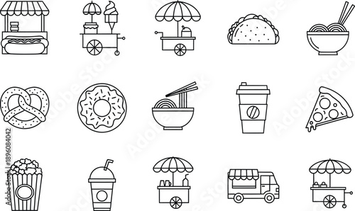 Collection of black and white line icons representing street food and fast food