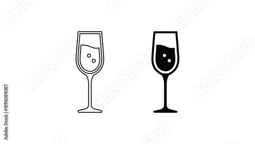 Minimalist Champagne Glass Icon Set - Modern Flat and Outline Vector Illustration of a Sparkling Wine Flute for Celebrations, Events, and Luxury Branding