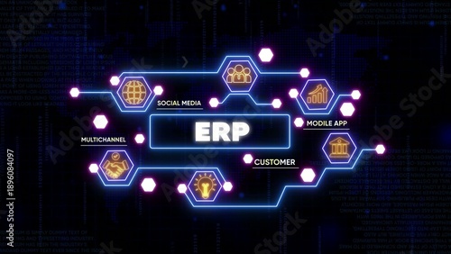 Wallpaper Mural Enterprise Resource Planning ERP system digital network with modules for business integration and management in futuristic neon interface Torontodigital.ca