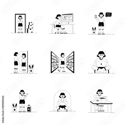 Take your hold on this amazing glyph style illustrations set of online shopping and ecommerce