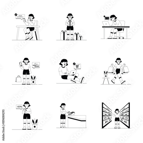 Well designed amazing glyph style illustrations set of shopping activities