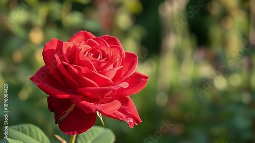 A stunning, vibrant red rose stands in full bloom, its velvety petals glistening with tiny dew drops under soft, natural light. The intricate layers of the flower are showcased against a gently blurre