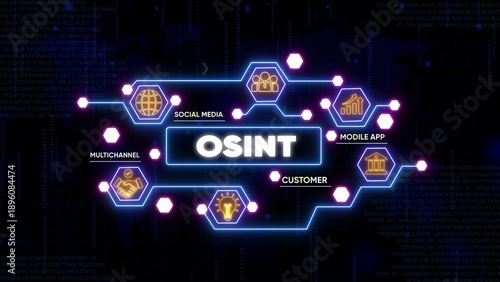 OSINT concept with interconnected digital network nodes representing data sources like social media, mobile apps, and customer information.