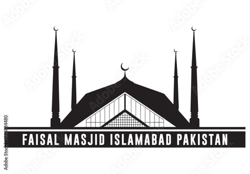 Faisal Mosque Islamabad Pakistan Black Silhouette Vector Illustration