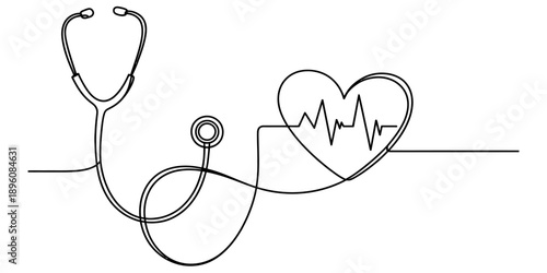 Minimalist continuous line art illustration of a stethoscope monitoring a heartbeat