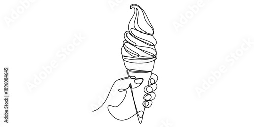 Minimalist continuous line art illustration of a hand holding a delicious soft serve ice cream
