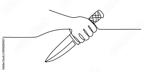 A continuous line drawing of a hand holding a knife with a downward grip