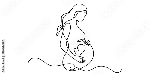 Simple continuous line drawing of a pregnant woman embracing her motherhood journey