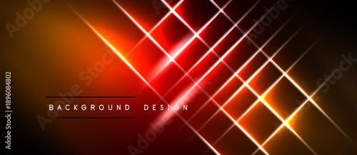 Abstract background features vibrant red, orange lines. Geometric shapes create dynamic visual effect. Dark areas contrast bright illumination.