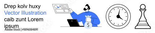 E-commerce, time management, business strategy, financial success, identity verification, productivity. Man with a laptop holding money and ID card beside a clock and chess piece. E-commerce and time