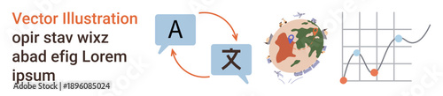 Language translation, global communication, data analysis, business strategy, international networking, graphic presentation. Speech bubbles with letters, globe graph. Language translation