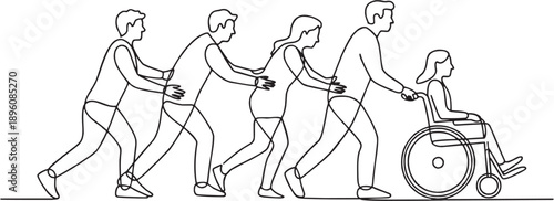 Teamwork and support vector illustration. Conceptual design of cooperation and inclusion, including helping people, wheelchair support, teamwork, community and more. Vector illustration.