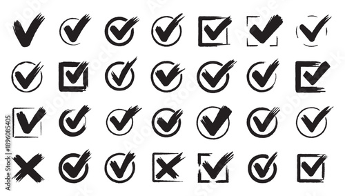 Set hand drawn check mark, tick and cross brush signs, checkmark OK and X icons, symbols YES and NO button, checkbox chalk icons, sketch checkmarks, checklist marks - stock vector