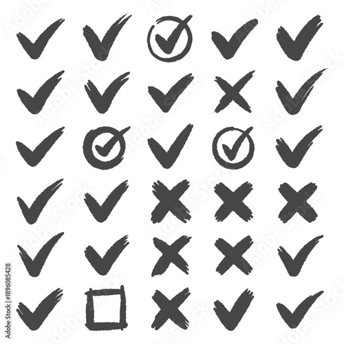 Hand drawn check signs. Doodle checkmarks and crosses. Empty and filled boxes for answers in test, confirmation or negation icons. Checklist pencil marks template, vector voting isolated flat set