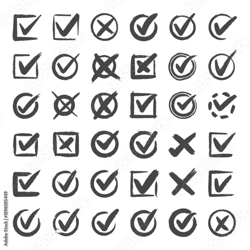 Super set hand drawn check mark with different circle arrows and underlines. Doodle v checklist marks icon set. Vector illustration