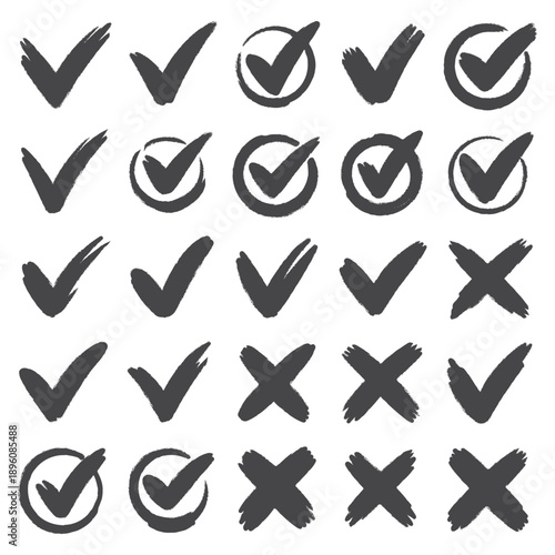 Hand drawn check signs. Doodle checkmarks and crosses. Empty and filled boxes for answers in test, confirmation or negation icons. Checklist pencil marks template, vector voting isolated flat set