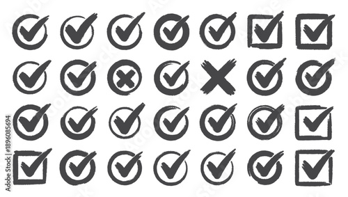 Green check mark and red cross icon set, circle and square. Tick symbol in green color. Hand drawn checkmark illustration