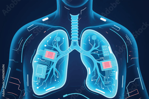 Futuristic Human Lung Anatomy Illustration With Microchips And Cybernetic Circuits Vector Design Template