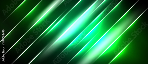 Abstract background features bright green lines diagonally across dark surface. Vivid glow creates dynamic visual effect.