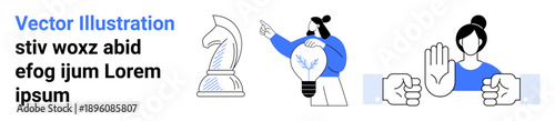 Business strategy, innovation, decision-making, creative thinking, teamwork, empowerment. Chess knight, glowing idea bulb person showing a stop gesture clenched fists. Business strategy