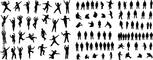 People silhouettes mega collection, men women and children standing jumping sitting and walking poses, human action figures set, black characters isolated on white background vector illustration